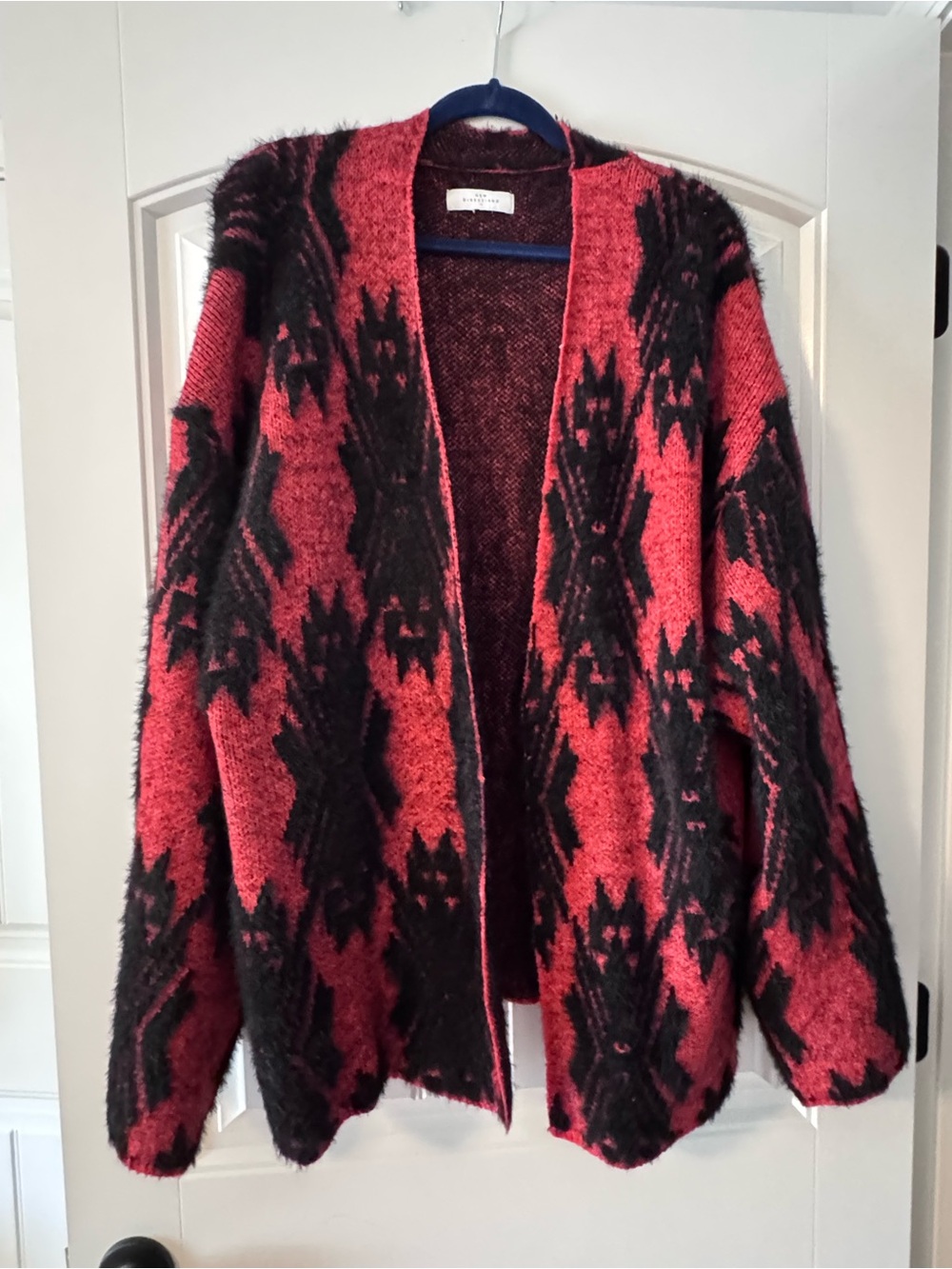 new directions Red and Black Open-Front Patterned Cardigan